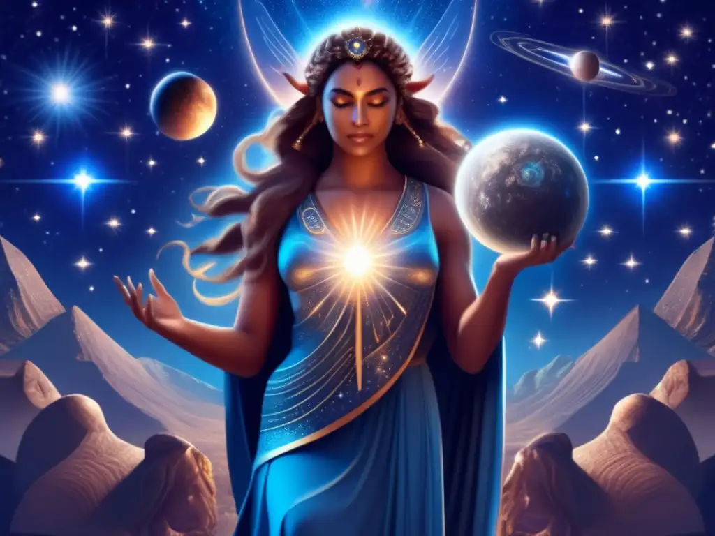 Goddess of Stars and Comets: Holding Asteroid in Celestial Surroundings An ethereal depiction of a mystical deity with an asteroid in hand, floating amidst celestial patterns and mythical creatures