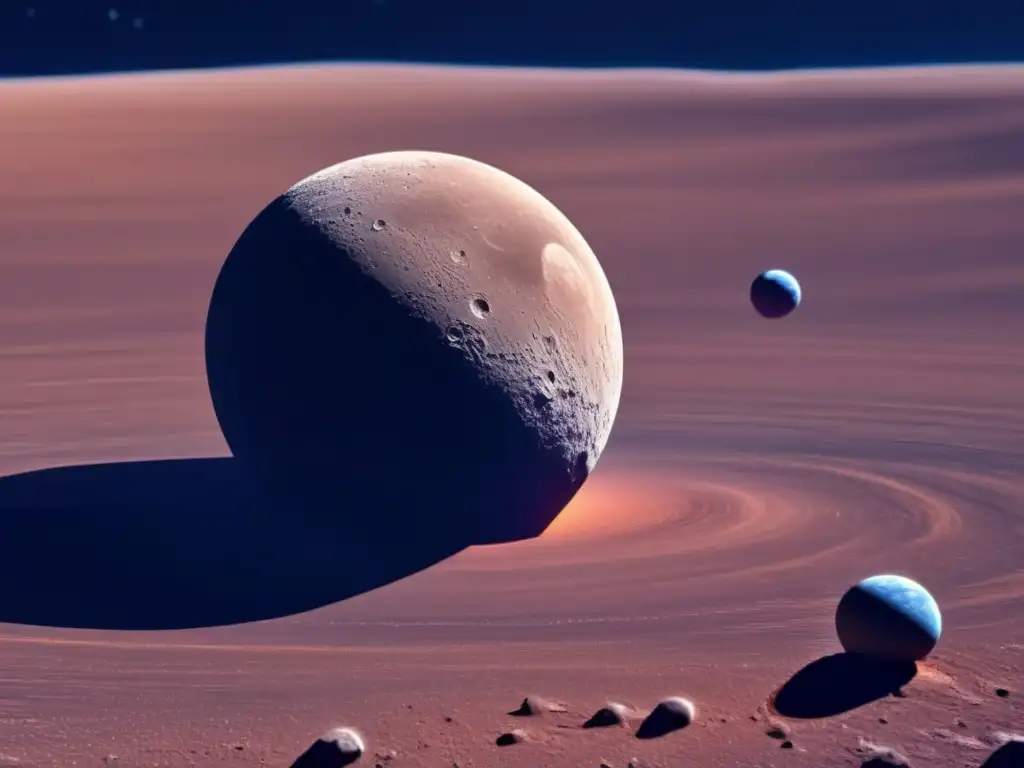 High-Resolution Celestial Orbit: A Reddish Minimoon Orbits Earth - A stunning, digitally rendered photograph of a small celestial object orbiting Earth, resembling a minimoon