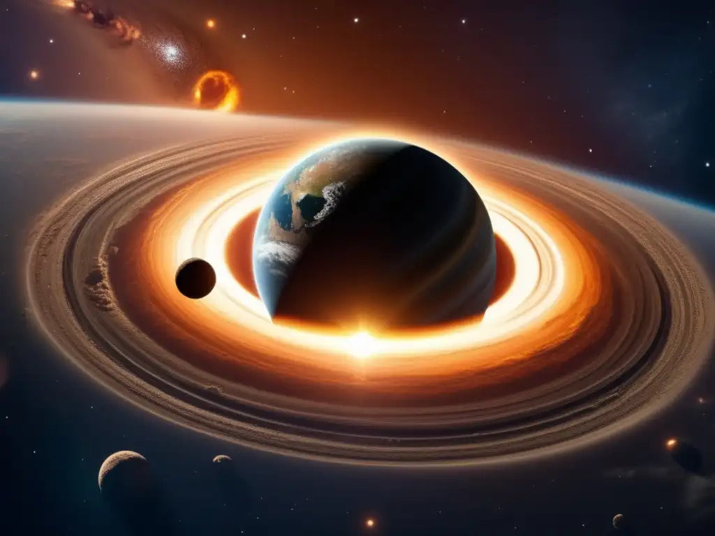 A photorealistic depiction of a celestial orb, adorned with a complex asteroid belt, as seen from above