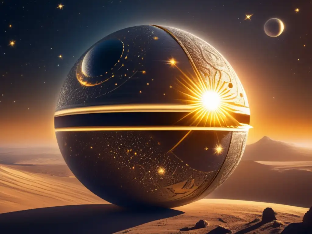 Dash-alt text: A celestial sphere with a golden aperture, shimmering with asteroid stars