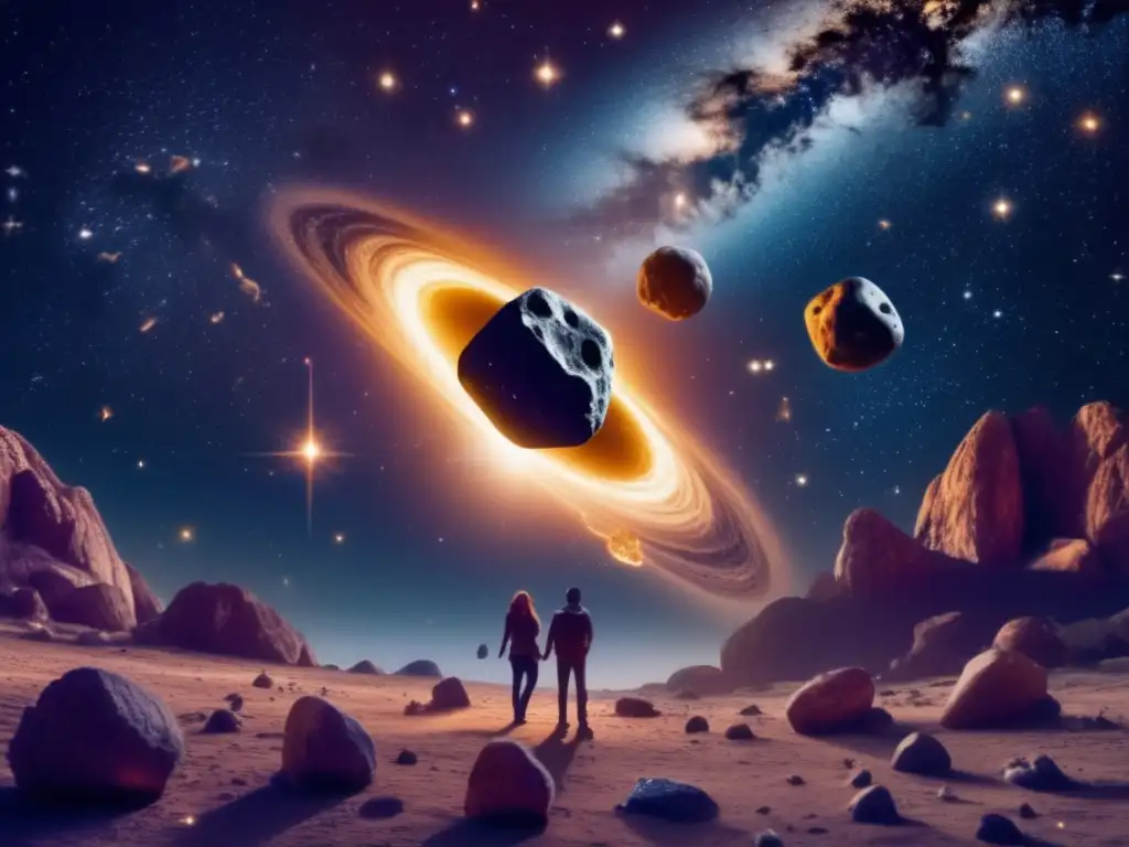 In the heart of the cosmos, two asteroids dance against a neon backdrop of stars, their celestial symbols hovering nearby in midair, symbolizing the mysteries of the universe and their influence on human life