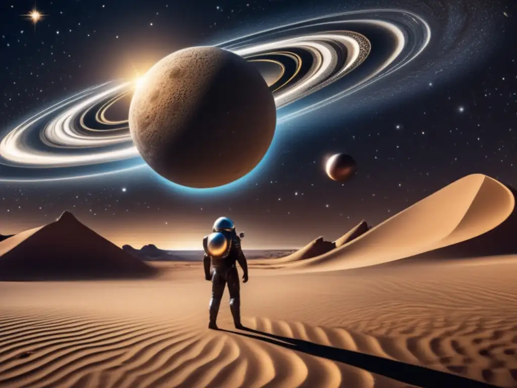 A celestial body, metallic and engraved, hovers over a barren desert landscape, a Greek mythological weapon-inspired pattern etched into its surface