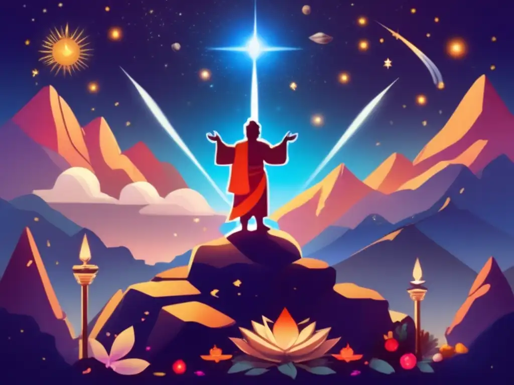 A celestial figure stands solemnly atop a mountain, gazing up at the sky with a sense of worship