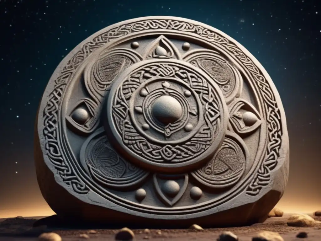 Asteroid Chronicles: Celestial Legends Carved in Stone A mesmerizing Celtic stone carving of an asteroid shower, alive with mythical origins and intricate details