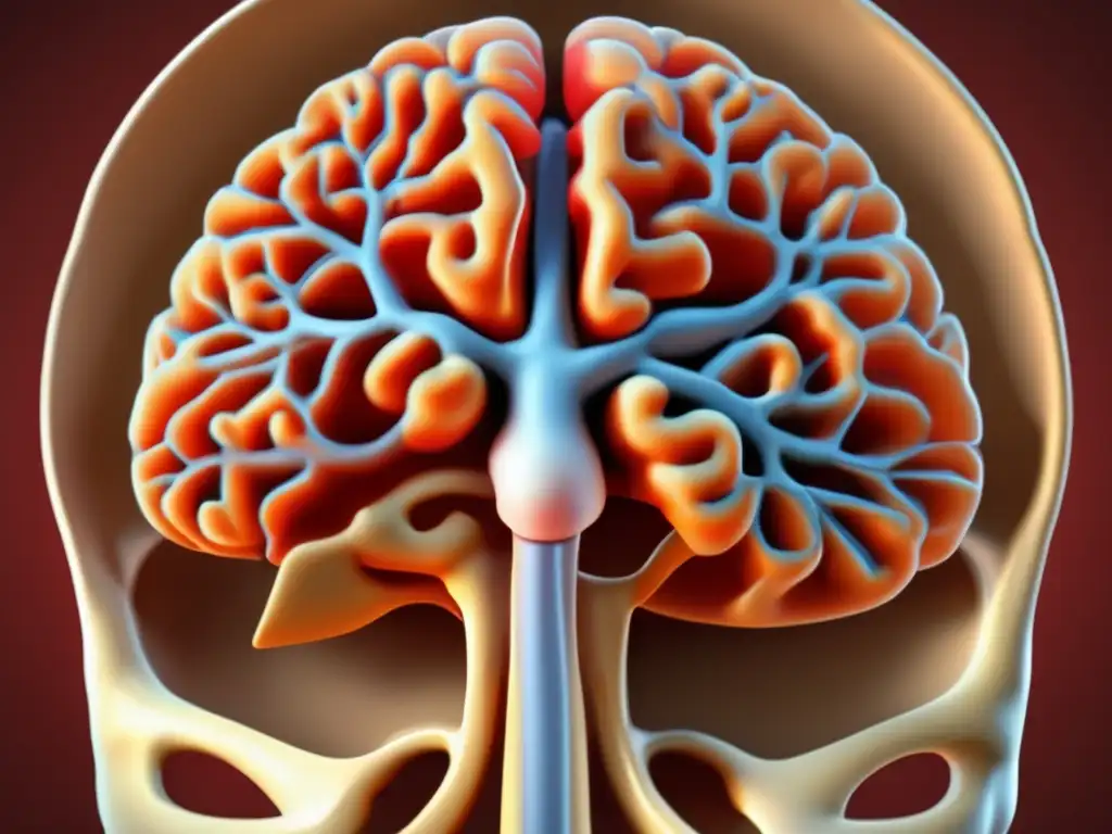 3D Cerebrum Visualization: A Wakeful, Observant Deity of the Brain Photorealistic 3D cerebrum view, cutaway revealing intricate network of blood vessels & nerve fibers