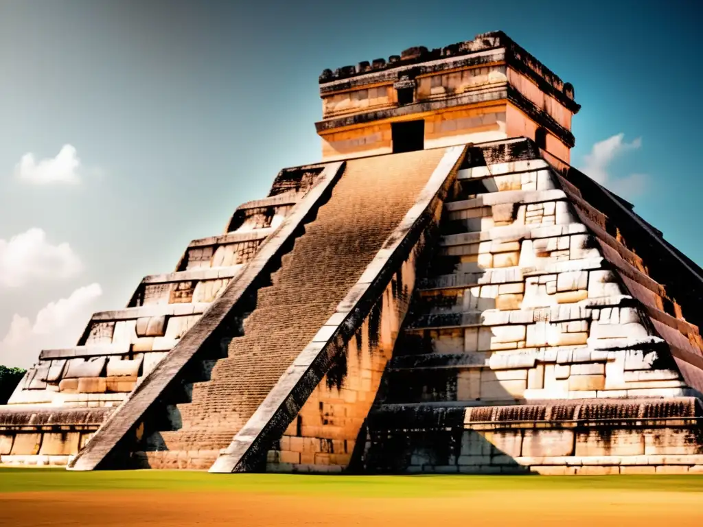 A magnificent photorealistic image of the mist-shrouded Temple of Kukulkan, also known as the StepPyramid of the Sun, at Chichen Itza, with intricate hieroglyphics, detailed Mayan mythology-filled carvings, and photorealistic rendition of the pyramid's ornate walls