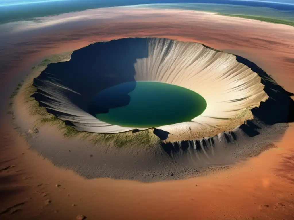 Before the Disaster: Photorealistic Depiction of Chicxulub Impact Crater A captivating photorealistic image of the Chicxulub asteroid impact crater with visible layers of sedimentary rock and iridium-rich clay deposited