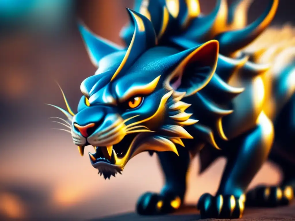 A chimaera's lionlike body, sharp claws, and piercing gaze shine in bright, ethereal color, creating a surreal effect