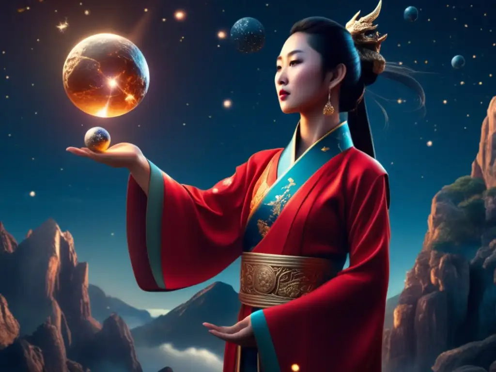 Celestial Conflict: Goddess versus Dragon A stunning photorealistic portrayal of a stoic Chinese goddess, holding an asteroid in her otherworldly hand, surrounded by the celestial battle scene of a dragon, with the cosmos as a serene backdrop