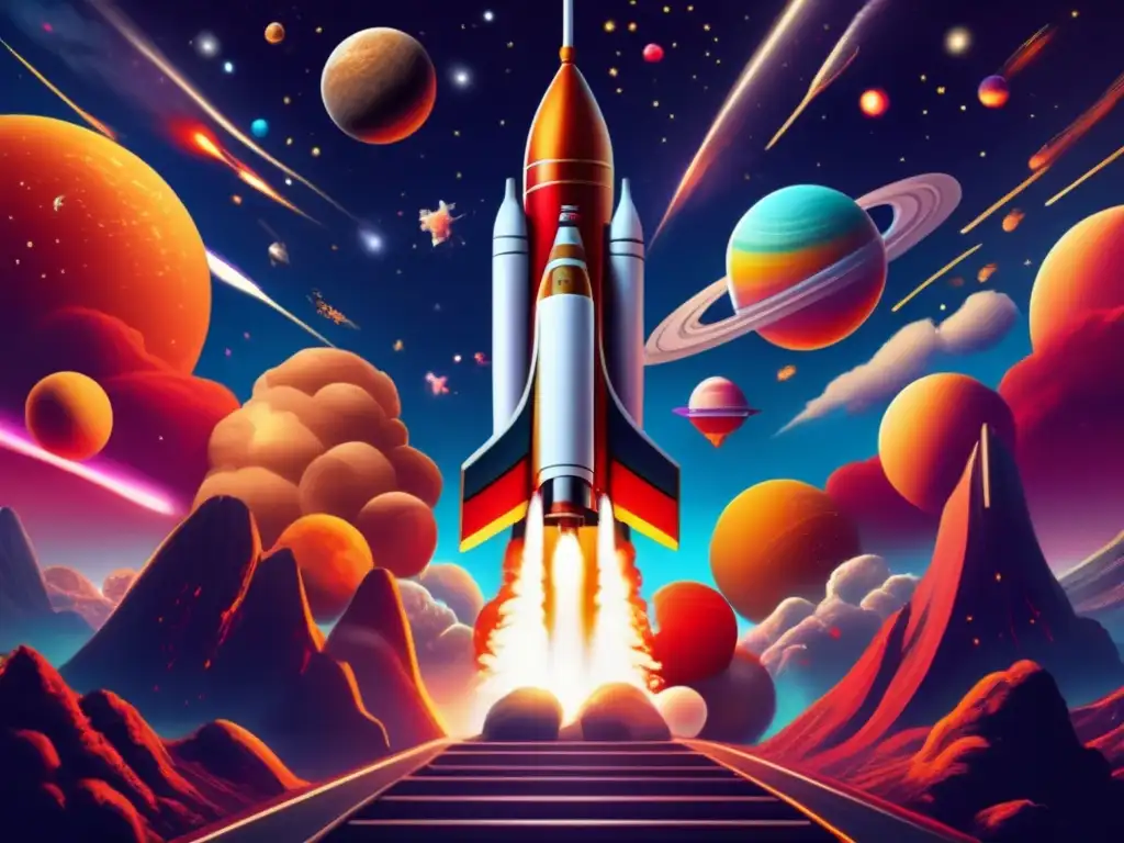Dash - An exquisite depiction of a traditional Chinese rocket launch, set against a backdrop of a cosmic panorama