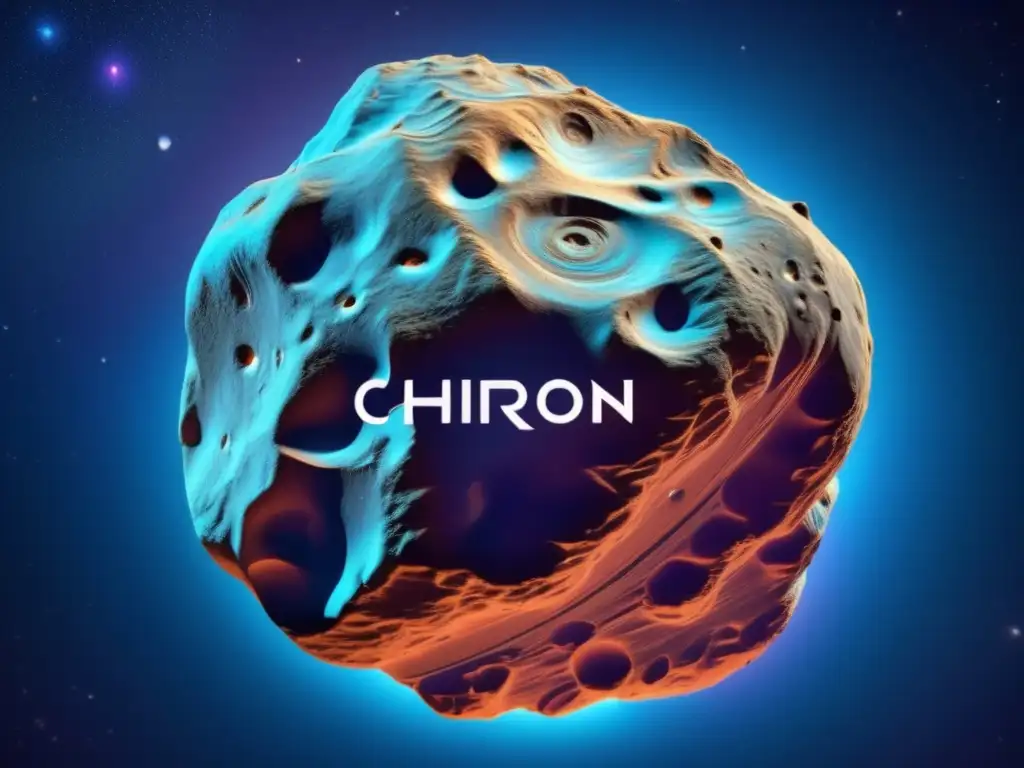 The cometlike asteroid, Chiron, shines brightly with jagged edges and swirling patterns on a bluetoned background, highlighting its icy composition