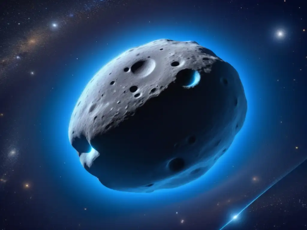 Chiron, the comet-like asteroid glows in the black expanse of space, its jagged surface catching light from the right side
