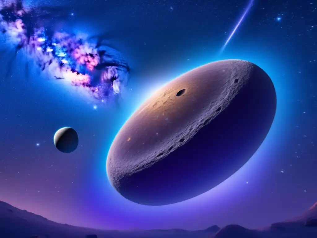 A stunning photorealistic depiction of Chiron, the cometlike asteroid, floating before a vibrant galaxy backdrop
