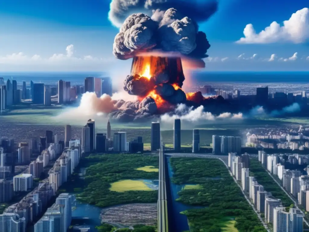 A satellite image captures a vibrant city before a tragic asteroid impact, with towering buildings, bustling streets, and lush greenery