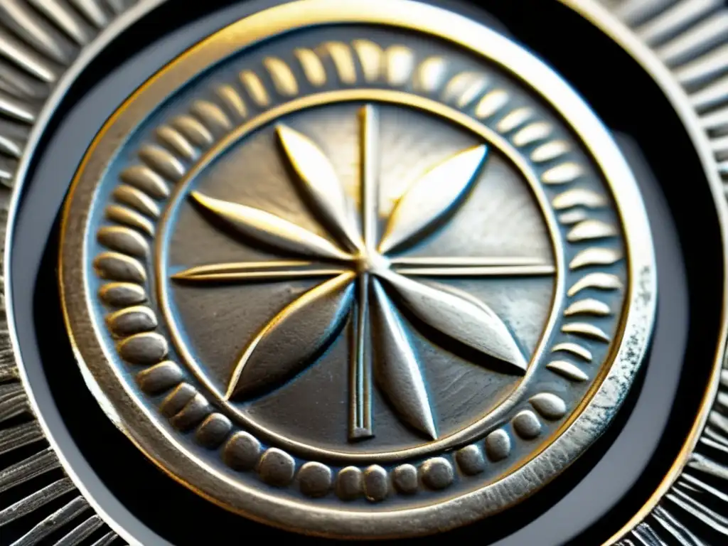 Ancient Greek Silver Coin with Classical Asterisk Symbol The captivating closeup reveals an ancient Greek Classical Period silver coin, intricately engraved with a distinctive asterisk symbol