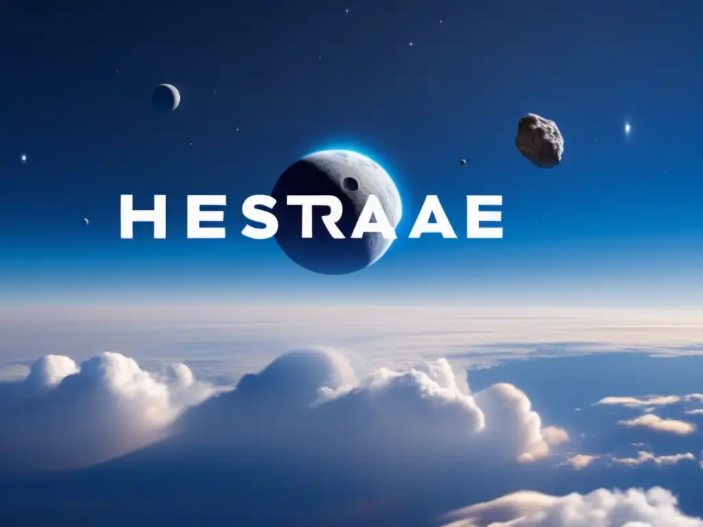A clear blue sky with white clouds, a lonely asteroid breaks through the clouds