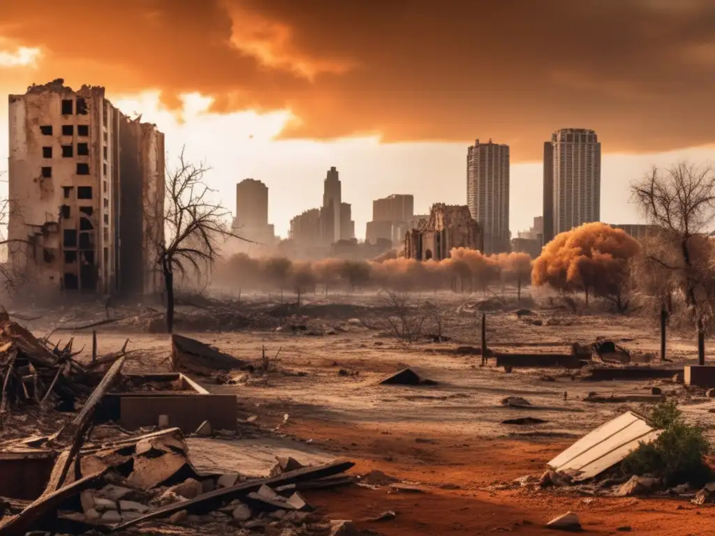 Bleak Future: Climate Change Ravages Cityscape in Photorealistic Depth In the ruins of an abandoned city, the landscape has been destroyed by a relentless drought and left to wither