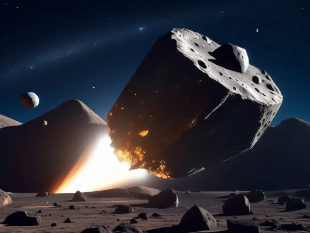A stunning photorealistic depiction of a breathtaking close encounter between the asteroid Anthe and a large spacecraft in orbit