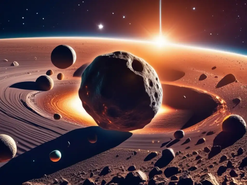 An astral photo of a closeup asteroid belt, with the sun shining bright in the background