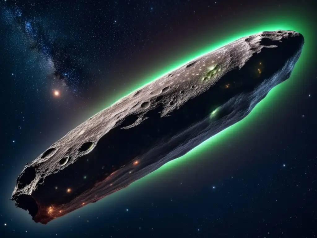 An ethereal image of Oumumua, a mysterious space object floating in remote emptiness, surrounded by tiny stars, with its distant, translucent, rocky surface casting an eerie green glow