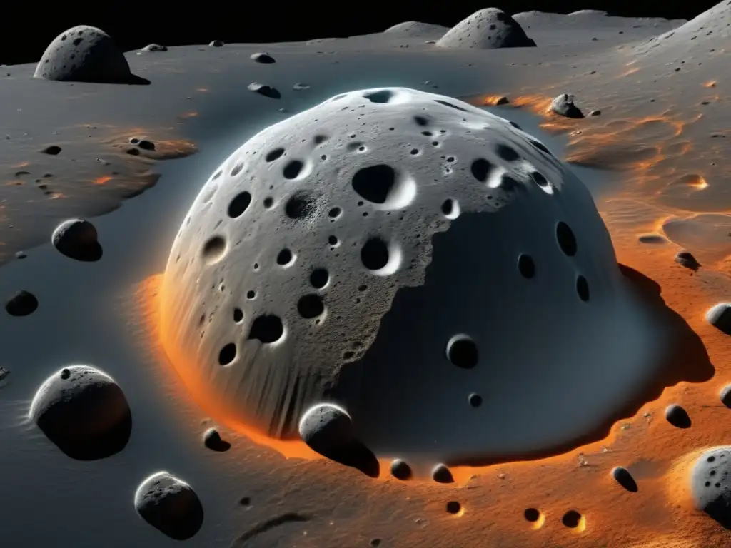 Mystery in Space: Asteroid's Watery Secrets Revealed Dash-An image of an otherworldly gray asteroid, with black craters and orange veins hinting at water or ice formations