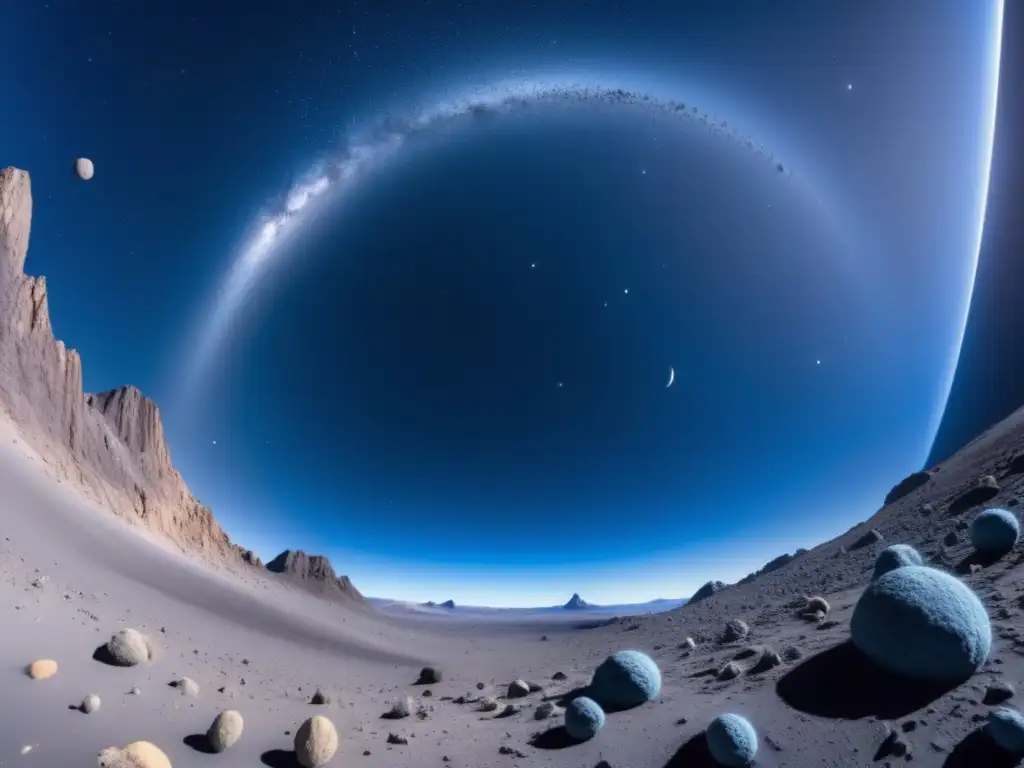 Infinite Cosmic Void: A Frozen Asteroid Belt Captured from Above In the depths of the cosmos, a barren asteroid belt stretches out, punctuated by countless craters and chunks of varying size and shape