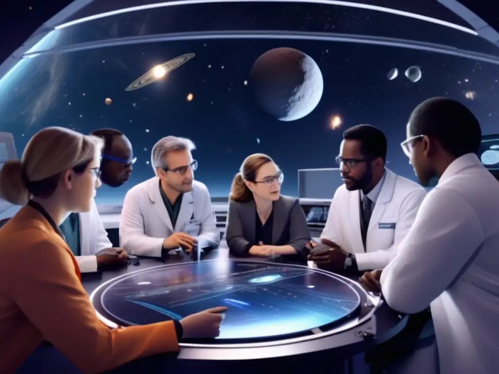 A team of global scientists collaborate in a high-tech laboratory on a planet with a asteroid belt, studying the mysteries of Asteroid Hecuba