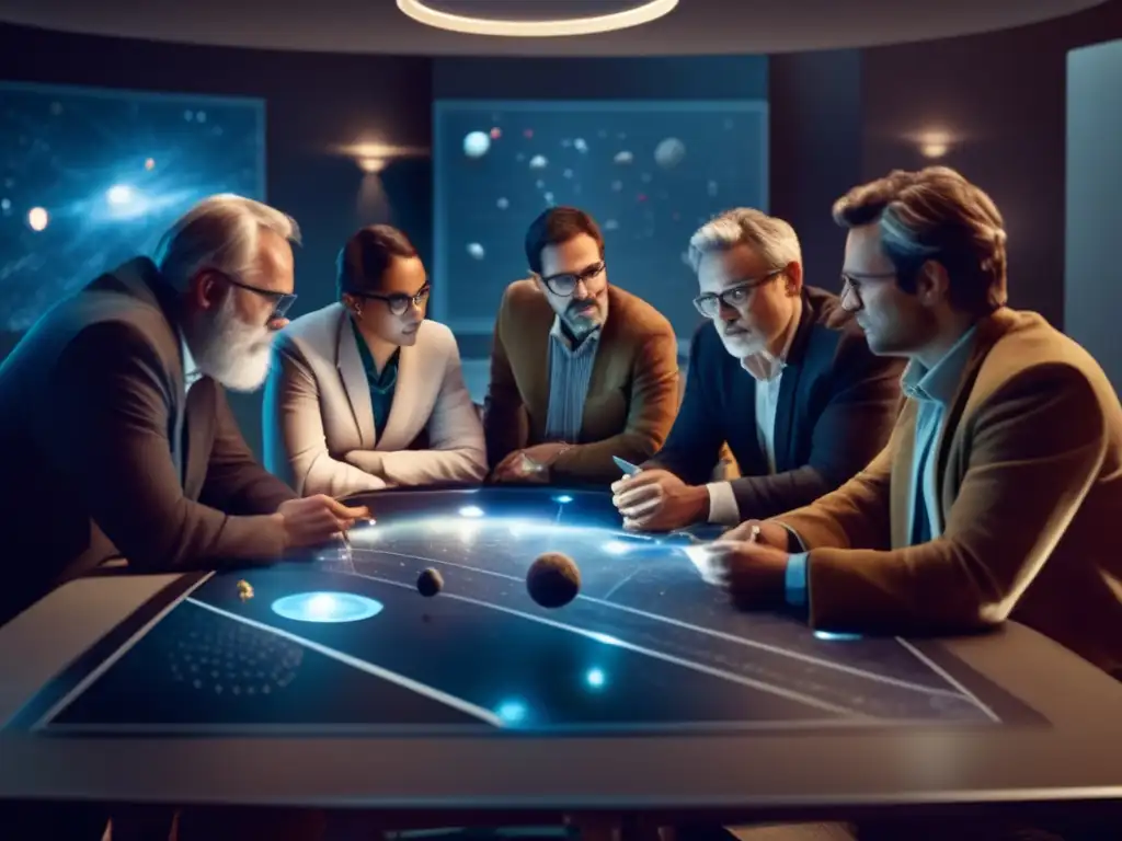 Global Asteroid Collaboration: Scientists discuss findings in dark chamber A photorealistic image of a diverse group of scientists collaborating around a table under dim lighting, with maps and diagrams of asteroids scattered about, discussing their findings from sophisticated telescopes and equipment