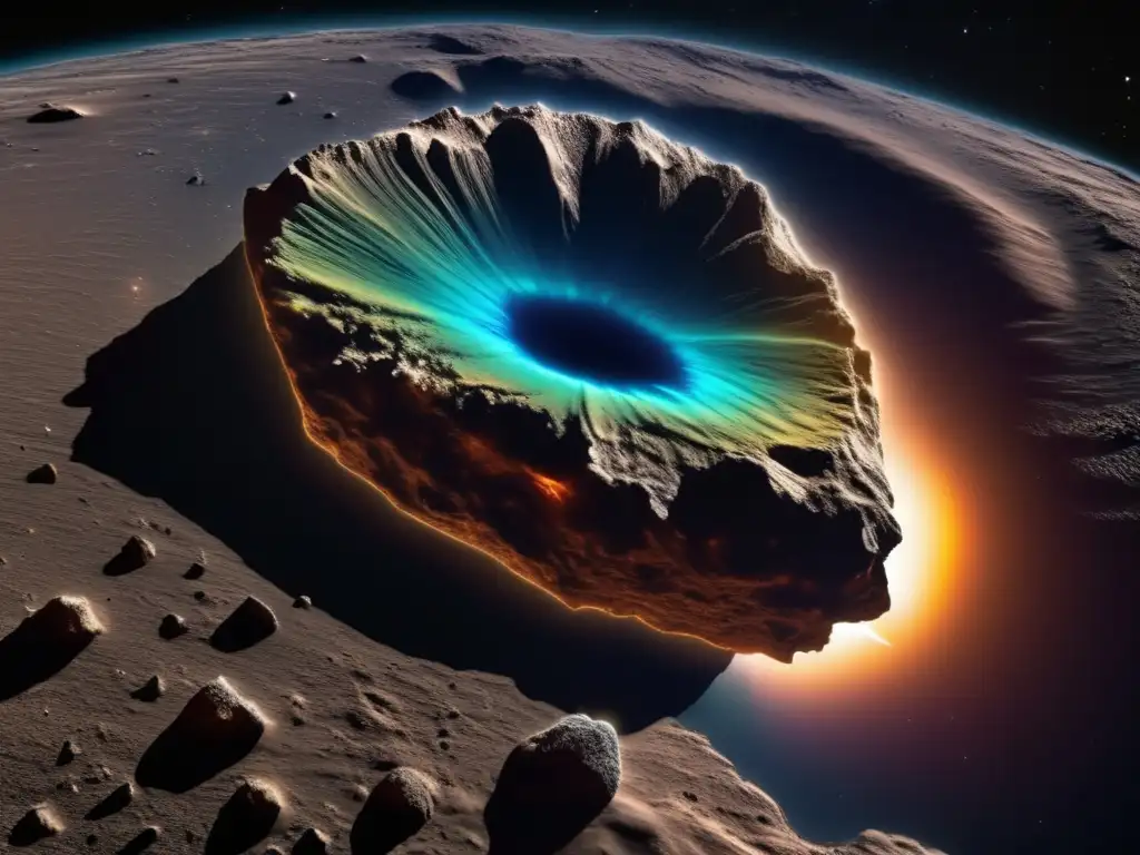 A stunning photorealistic image of a comet-like asteroid floating in space, its jagged and rough surface illuminated by the sunlight