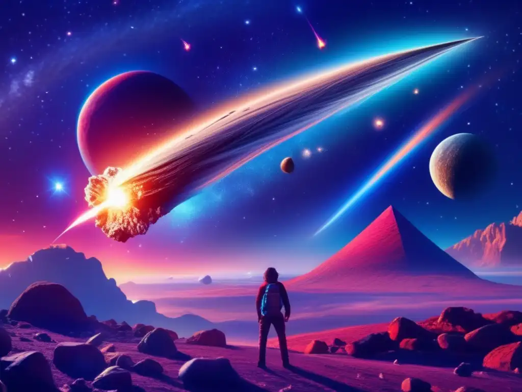 Comet and Asteroid Adventure in the Nebula: A Vivid Night Sky A breathtaking night sky comes alive with the passage of a dazzling comet, its trail illuminating the darkness with a vibrant arc of light