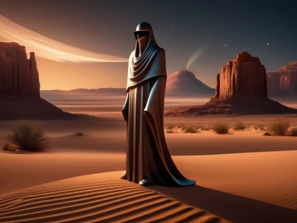'Ethereal Comet Illuminates Statue's Fate in Desert Wasteland' A photorealistic image of a headless statue in a desert, illuminated by a comet's fiery tail