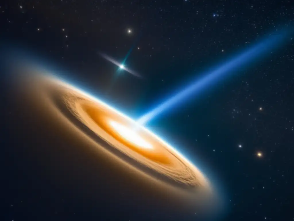 Marvel at the beauty of this solar phenomenon in this highly detailed, photorealistic image of a large, glowing cometlike object streaking across a black expanse of space