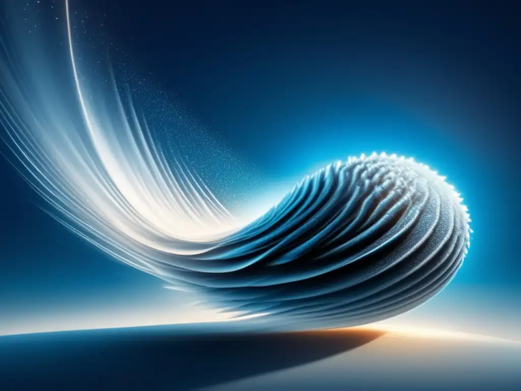A breathtaking photorealistic image of a comet with a spiral-shaped tail, specks of ice and dust flying, surrounded by a clear blue and white sky to create a sense of depth and immersion