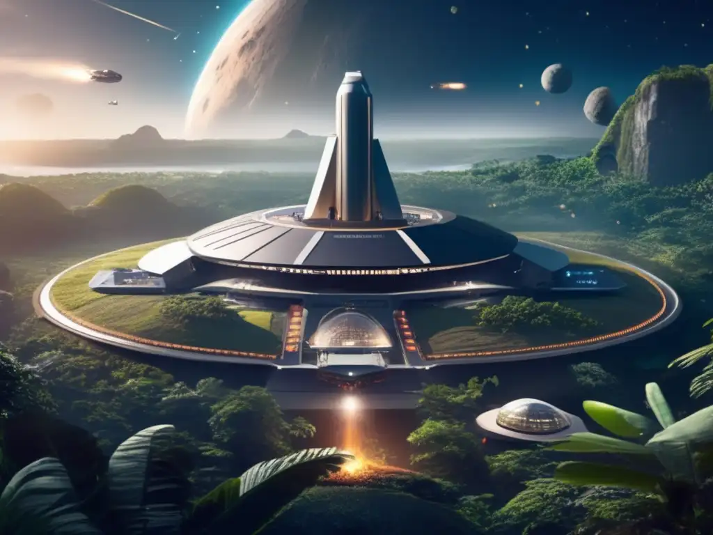A breathtaking visual of an asteroid mining facility, launched from Earth's surface, with asteroids in the distance and equipment in the foreground
