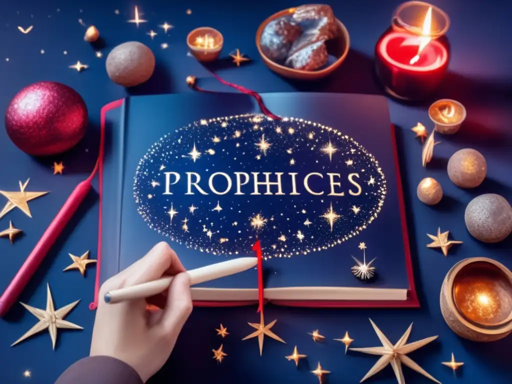 A mystical scene of ancient royal prophecies being written in a sacred script, resembling constellations and including celestial bodies