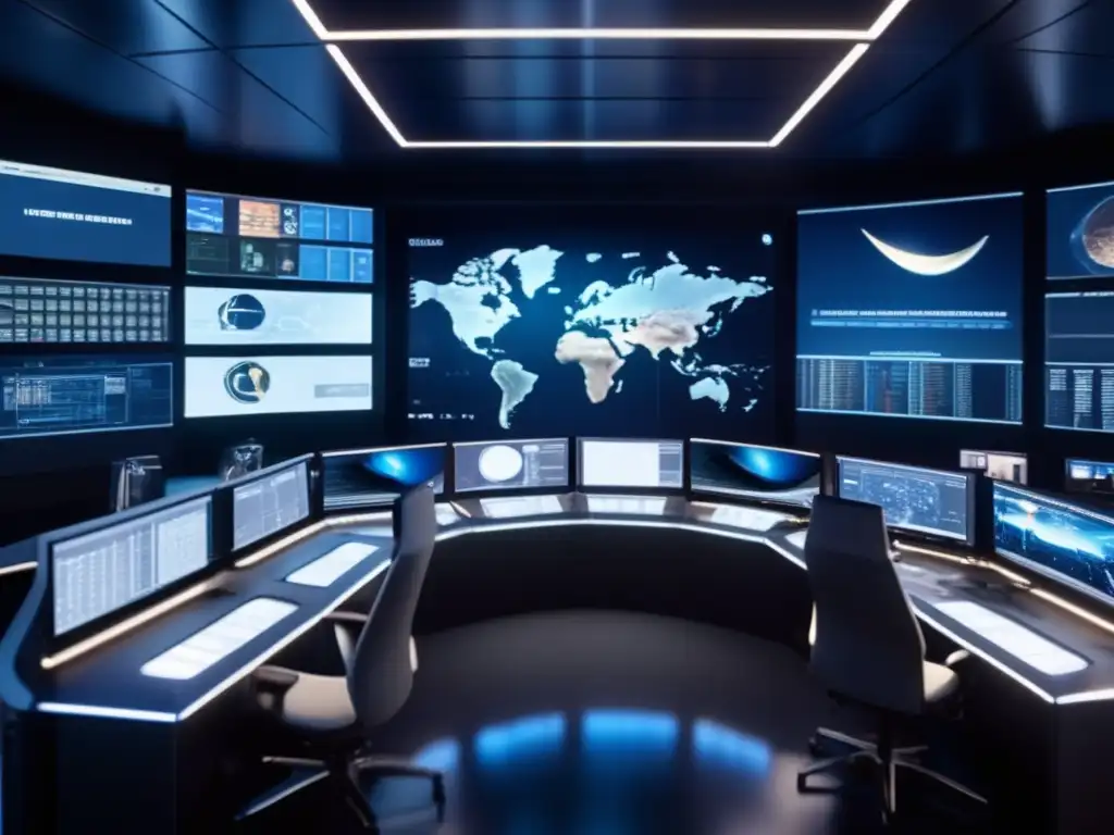 ATLAS System Control Room: Precision and Space Exploration The ATLAS System control room, a hub of spacecraft imagery and complex data, is illuminated by soft ambient lighting