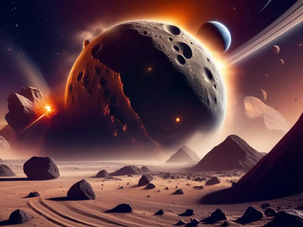 Dynamic Asteroid Collision: Realistic and Ominous Dash: A menacing asteroid looms close, its jagged rocks reflecting sunlight amid swirling dust and debris