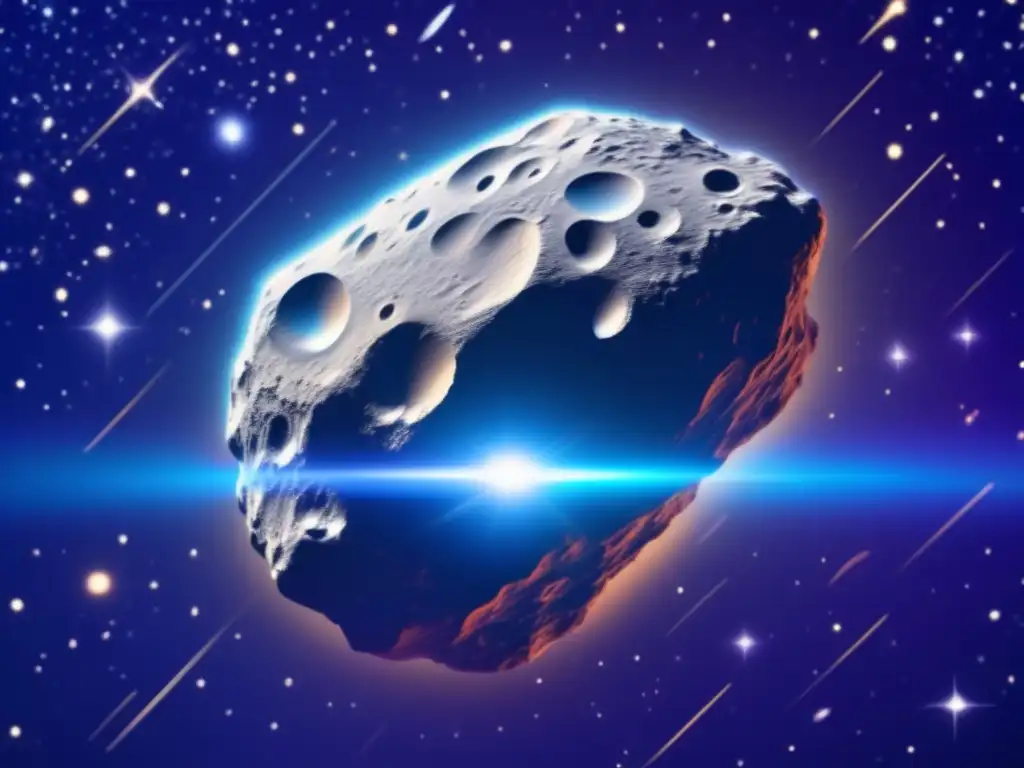 Astrophotography: Intricate Asteroid amidst Cosmic Beauty Astriodáttar: A breathtaking image of an asteroid in the depths of space, with intricate details in darkness and a pulsar in the background