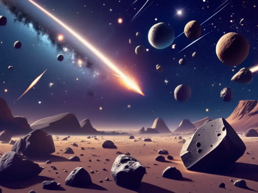 Venture into the cosmos with a photorealistic digital illustration of an asteroid field, teeming with celestial wonders