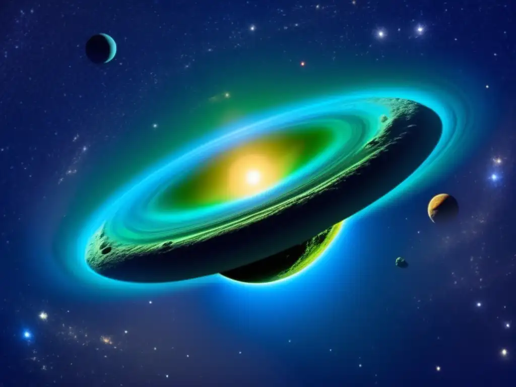 A celestial beauty orbits, radiating blue and green hues in stunning intricate patterns