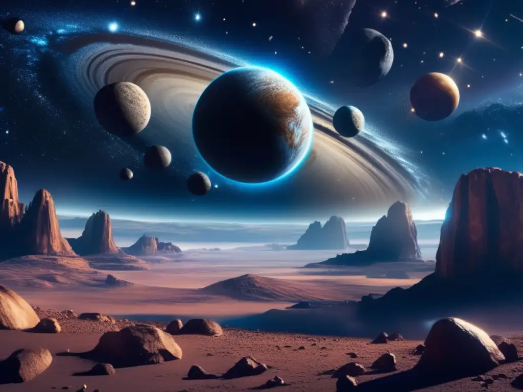 A Cosmic Beauty: Stunning Asteroid Belt, Majestic Titan, and Glowing Stars A mesmerizing depiction of the cosmos with swirling asteroid belts, intricate Titan features, and glowing stars, all rendered in photorealistic detail, prompting a sense of wonder and awe