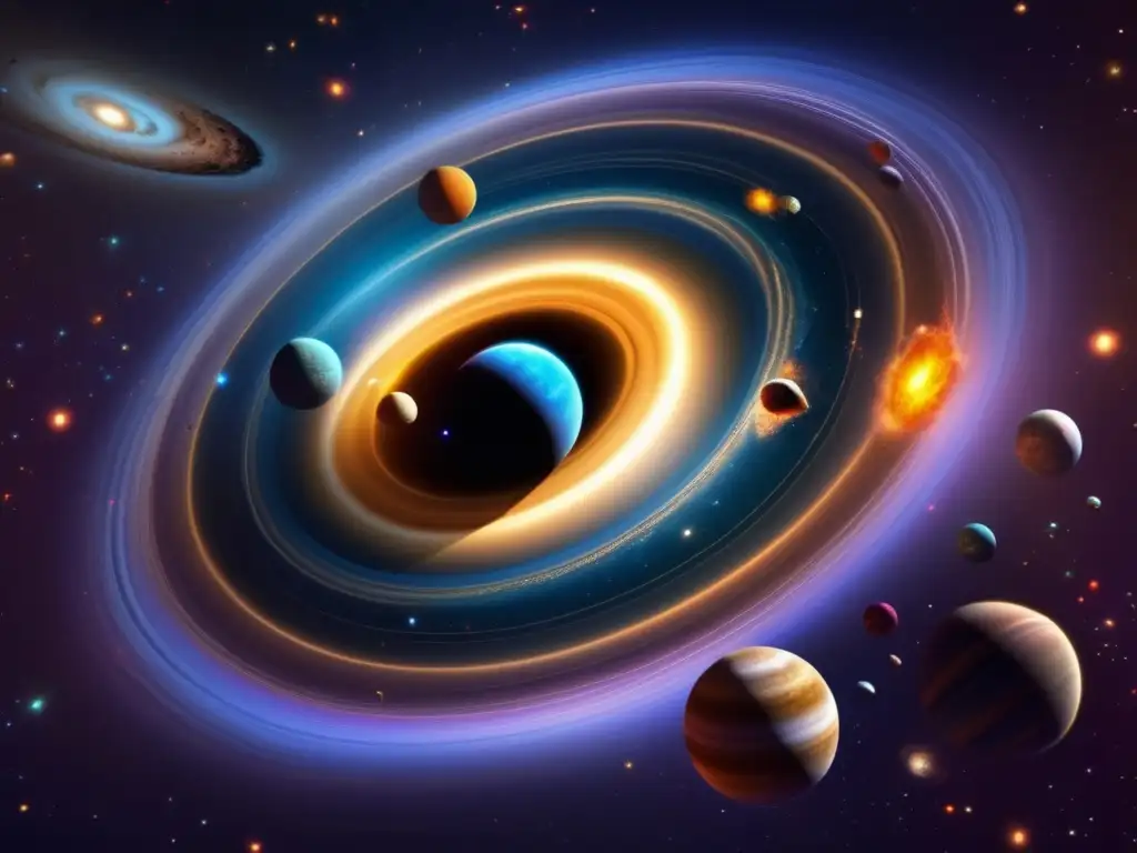 A breathtaking photograph of a swirling cosmic vortex with vibrant orbs representing the solar system's planets and asteroids
