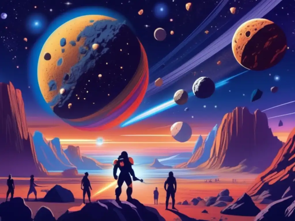 Epic Asteroid Belt Surrounding Kronos, Illuminated by Demeter's Torch Here's a possible ALT text for the image:
---
A vibrant asteroid belt surrounds Kronos as Greek goddess Demeter illuminates it with a torch