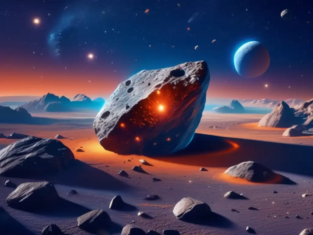 Galactic Encounter: Asteroid Odyssey A stunning image of an asteroid's surface, adorned with a vibrant orange and blue color scheme, evoking the beauty of the cosmos