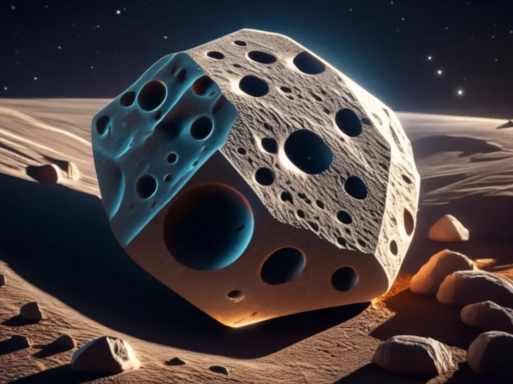 A breathtaking astronomy photo- a closeup of a small asteroid, intricate geometric patterns adorn its surface
