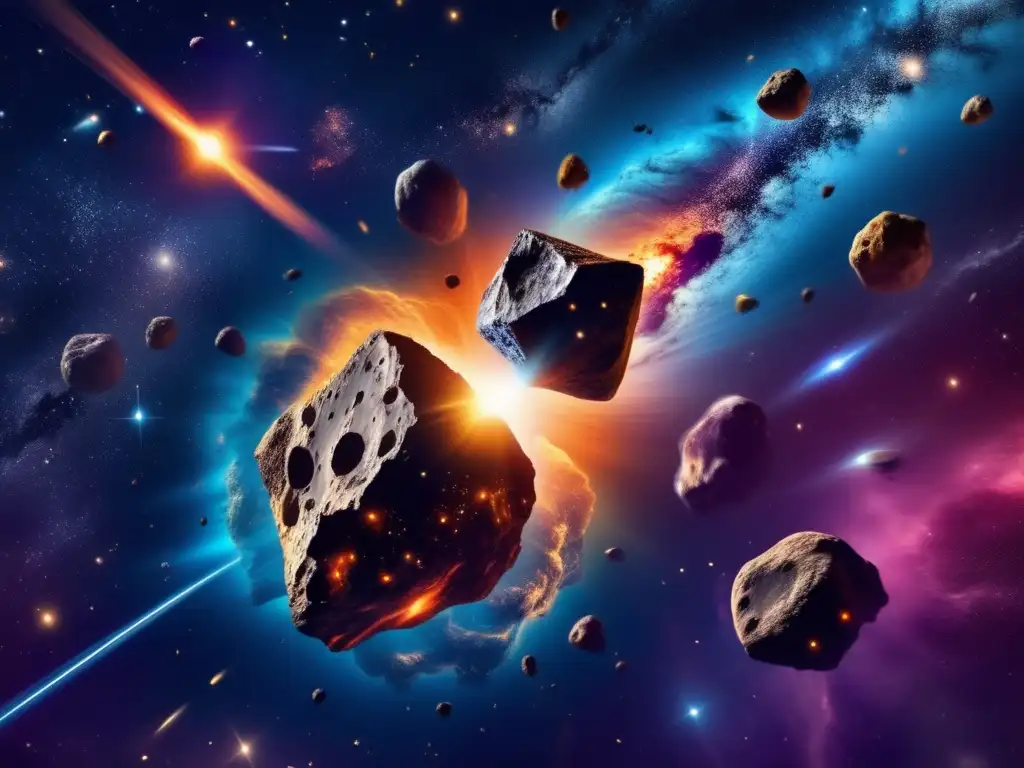 Dynamic Galactic Asteroids: Wonders and Dangers of the Cosmos! An awe-inspiring image of asteroids zooming through space, surrounded by vibrant nebulae and pulsing stars