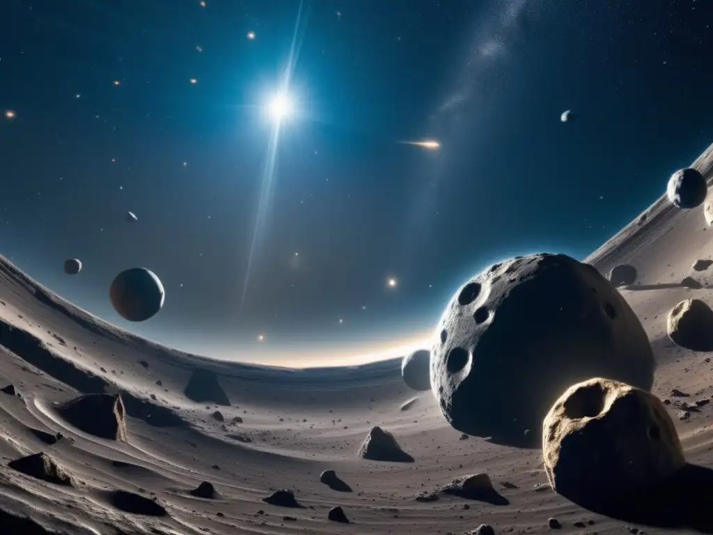 Asteroid Belt Enigma: A Realistic Detail Glimpse An expansive photograph of the asteroid belt, clad in shadows and boasting jagged edges viewed from above