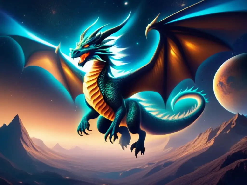 A captivating image of a massive astral dragon streaking towards a bluegreen planet, its intricate scales pulsating with a subtle glow