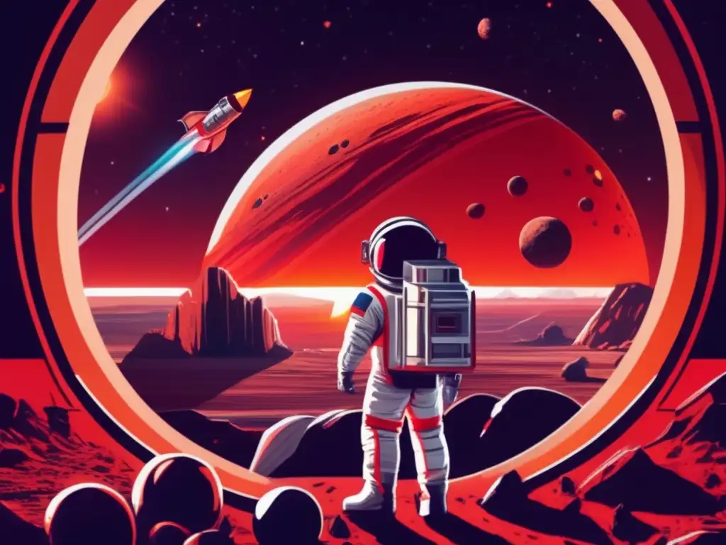 Rocket Launch: Astronaut Faces Asteroid and Red Sun Dash- An image of an astronaut in a suit, lifted off the ground in a rocket ship, gazes out at a gigantic red sun and a rocky asteroid behind