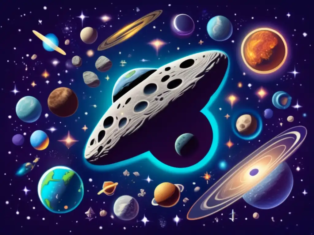 An awe-inspiring photorealistic depiction of an asteroid brimming with cosmic life elixirs and myths of immortality